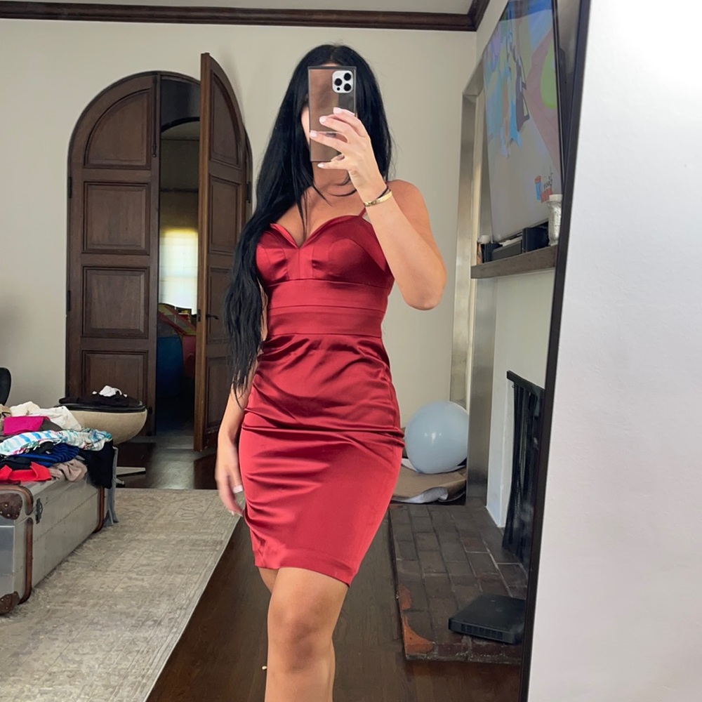 Red satin midi dress